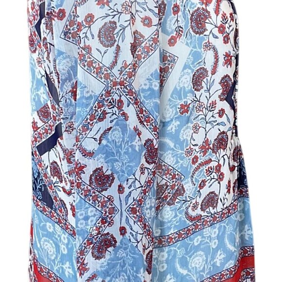 Daniel Rainn Gleeson Tab Sleeve Pleated Front Blue Red Floral Popover Blouse LG - Picture 6 of 13